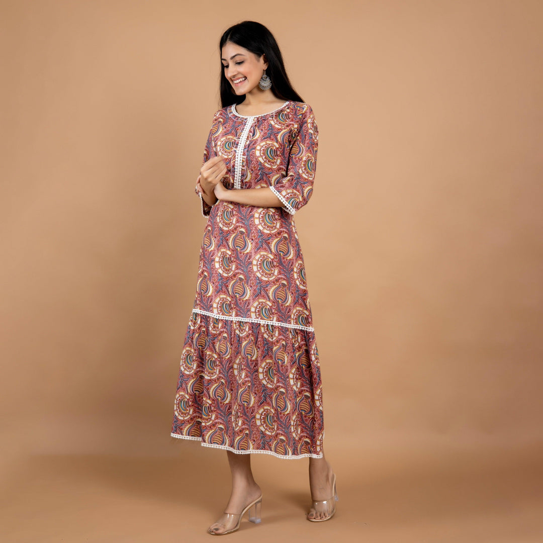 Onion Pink A-Line Lace Work Cotton Dress