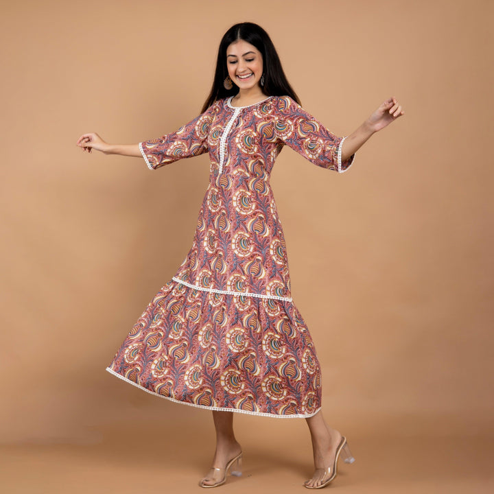 Onion Pink A-Line Lace Work Cotton Dress