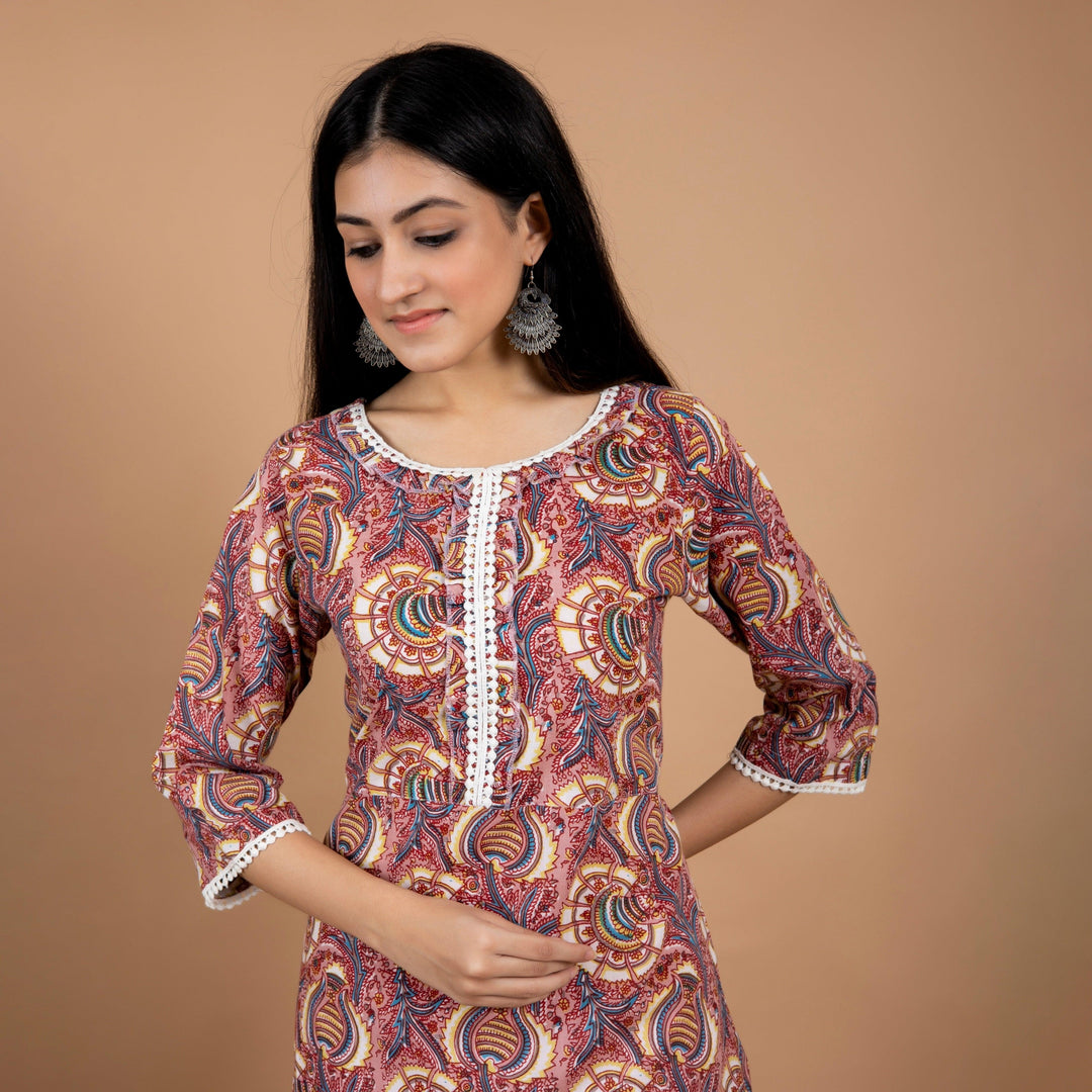 Onion Pink A-Line Lace Work Cotton Dress