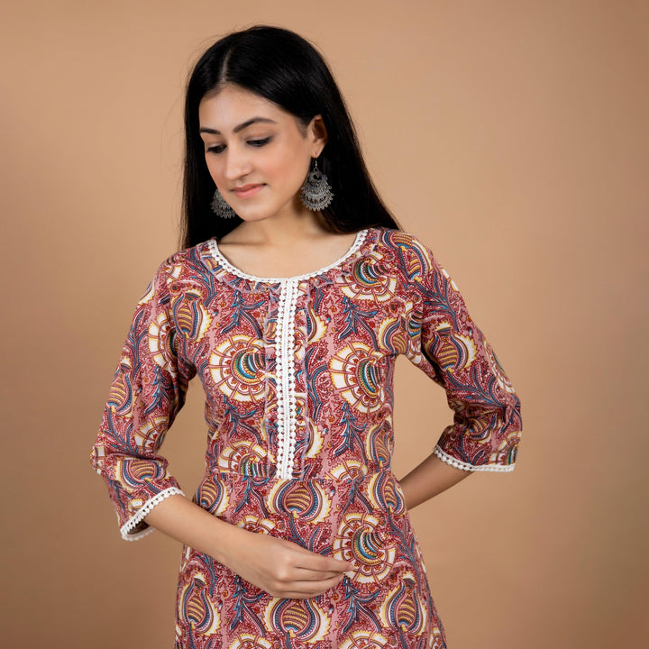 Onion Pink A-Line Lace Work Cotton Dress