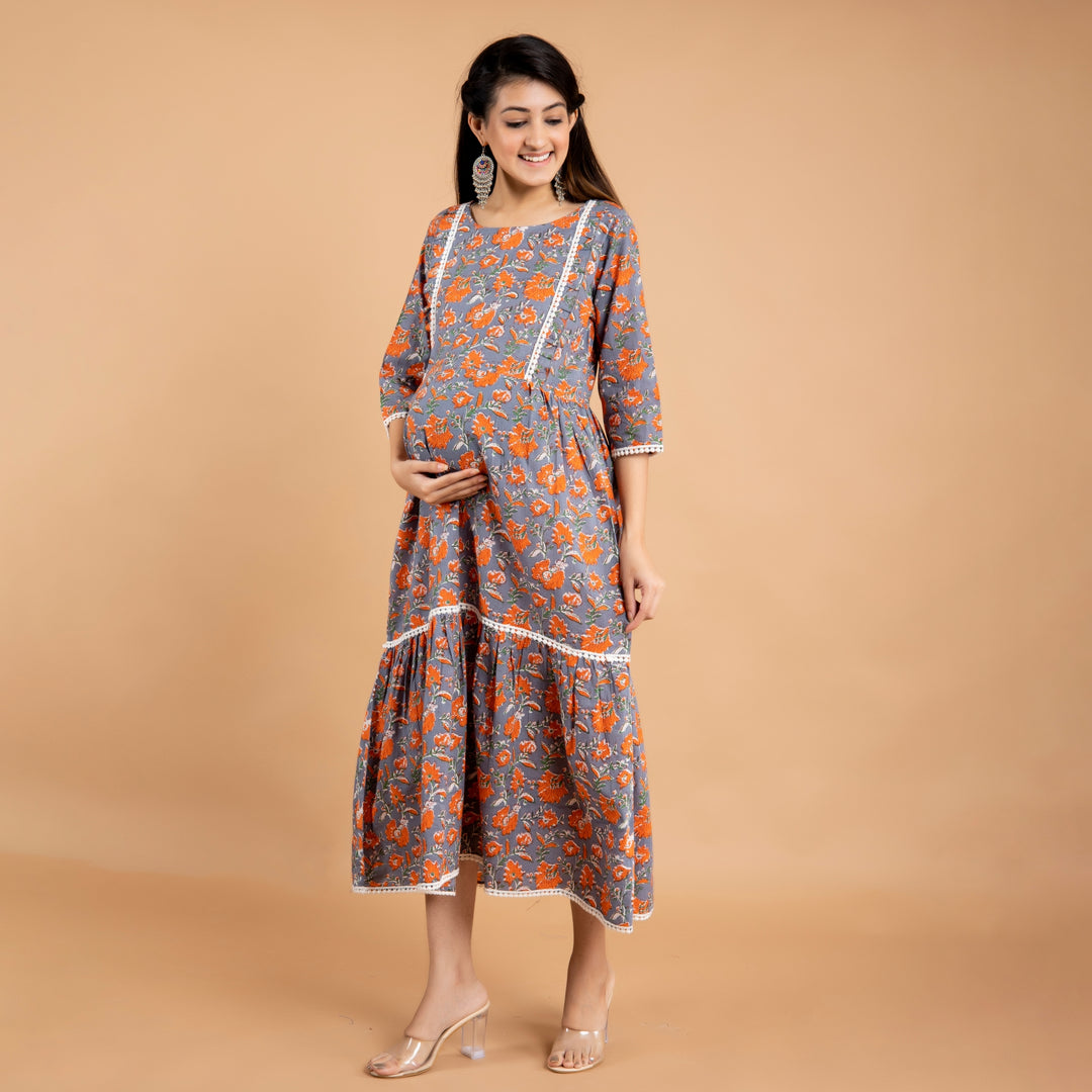 Cotton Grey-Orange Flower Lace Work Maternity Dress Fashiana Cotton Grey-Orange Flower Lace Work Maternity Dress Fashiana