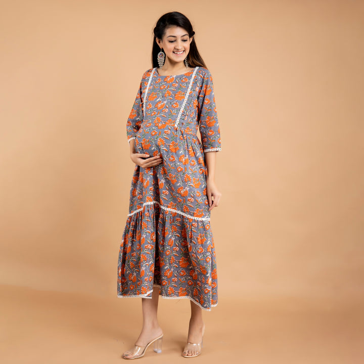Cotton Grey-Orange Flower Lace Work Maternity Dress