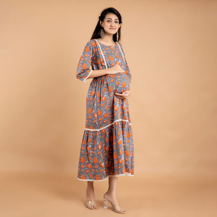 Cotton Grey-Orange Flower Lace Work Maternity Dress