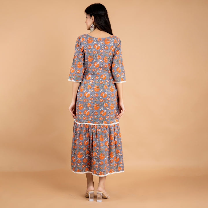 Cotton Grey-Orange Flower Lace Work Maternity Dress