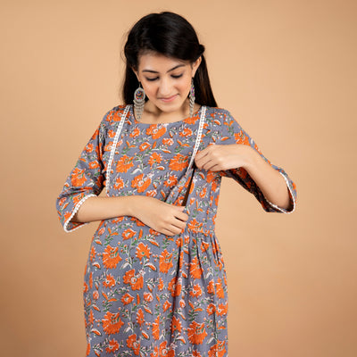 Cotton Grey-Orange Flower Lace Work Maternity Dress