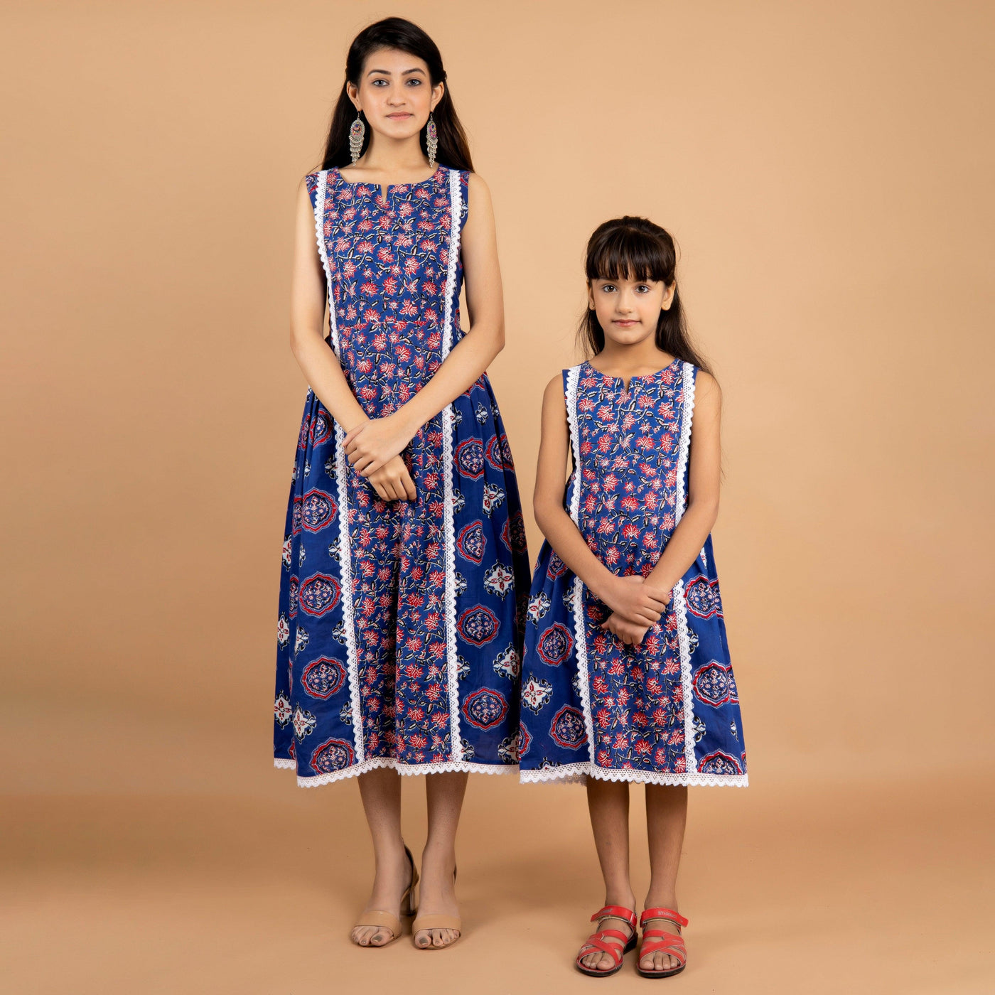 Blue-Red Floral Mom and Daughter Dress