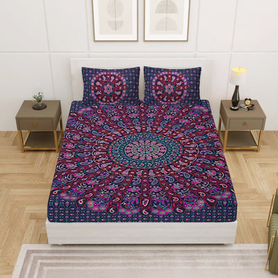 Purple Cotton Mandala Bedsheet for Double Bed with 2 Pillow Covers