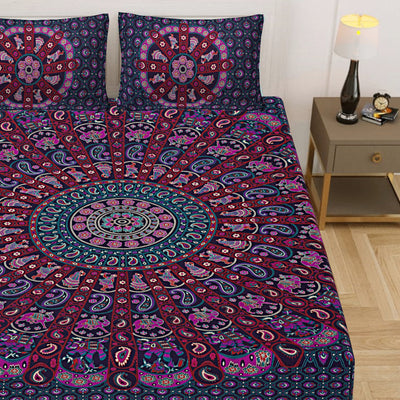 Purple Cotton Mandala Bedsheet for Double Bed with 2 Pillow Covers