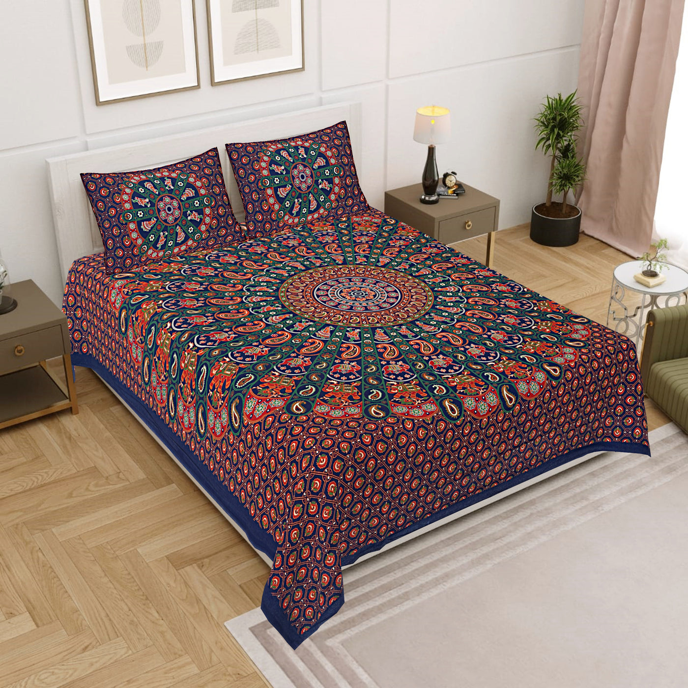 Multicolor Cotton Mandala Bedsheet for Double Bed with 2 Pillow Covers