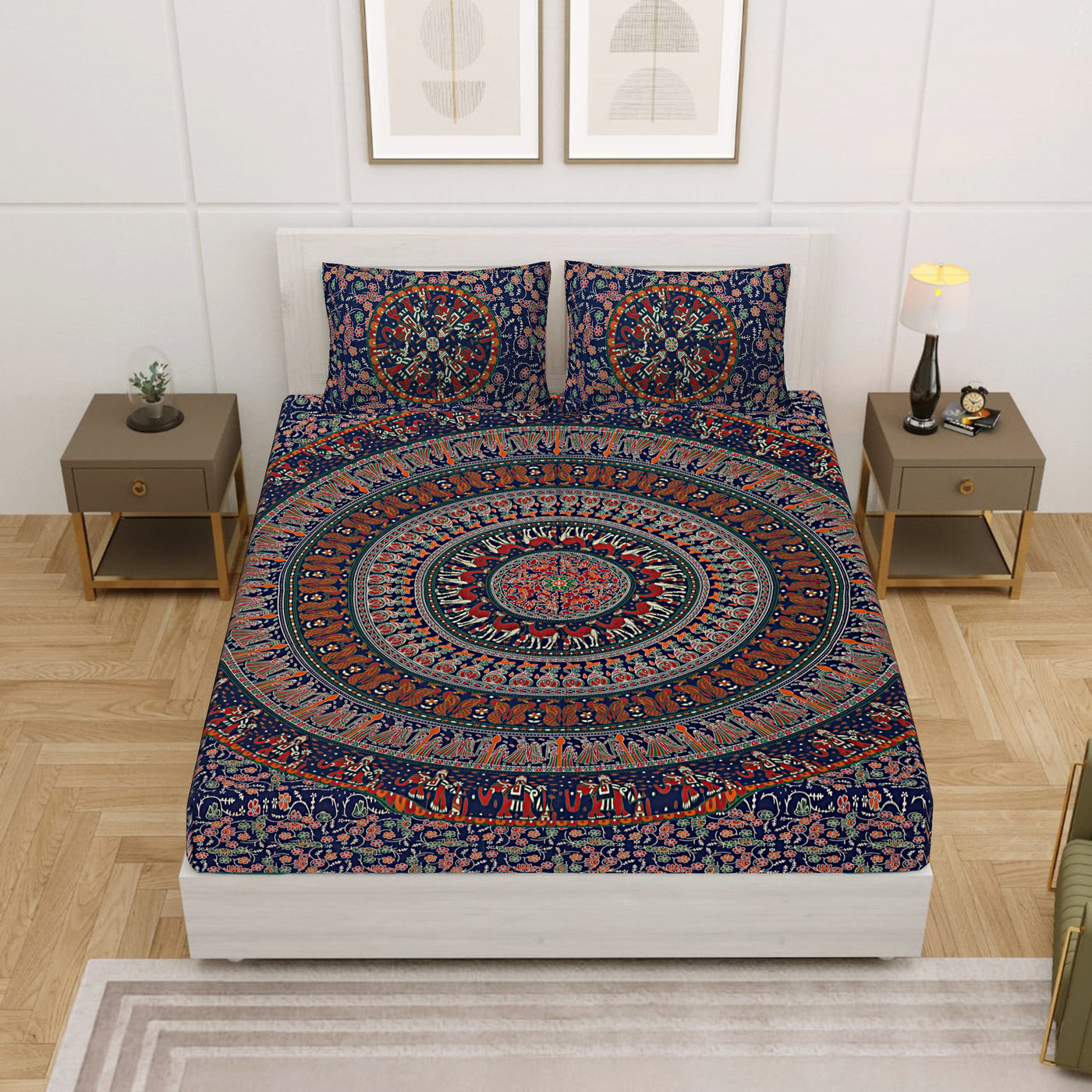 Blue Cotton Mandala Bedsheet for Double Bed with 2 Pillow Covers