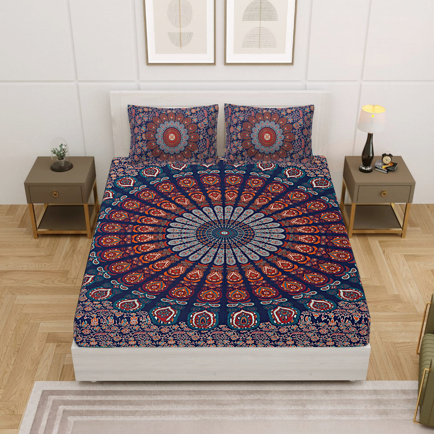 Blue Cotton Mandala Bedsheet for Double Bed with 2 Pillow Covers