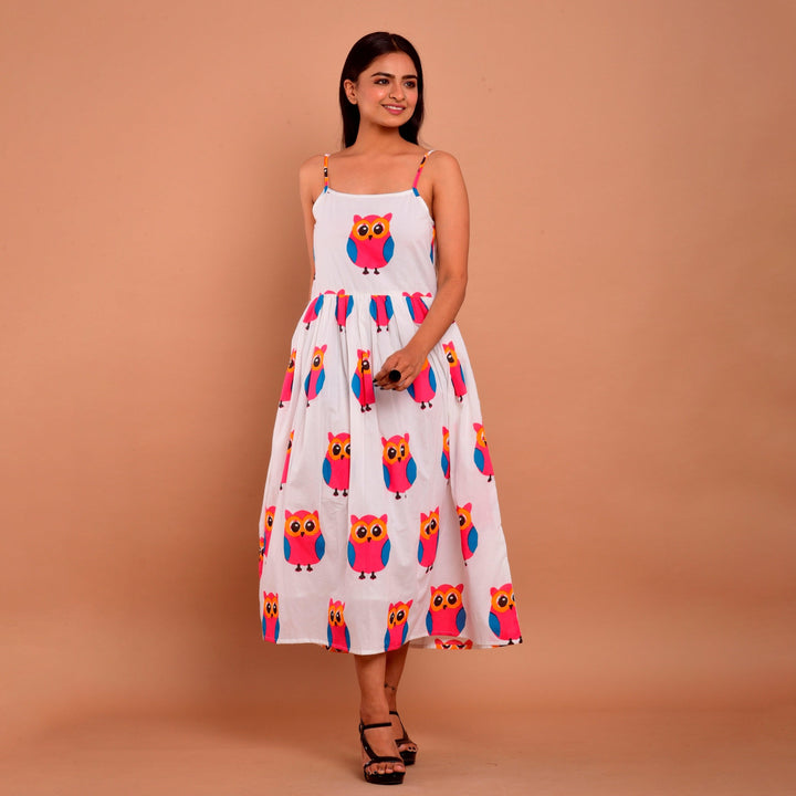 White Owl Print Hem Shoulder Straps Dress