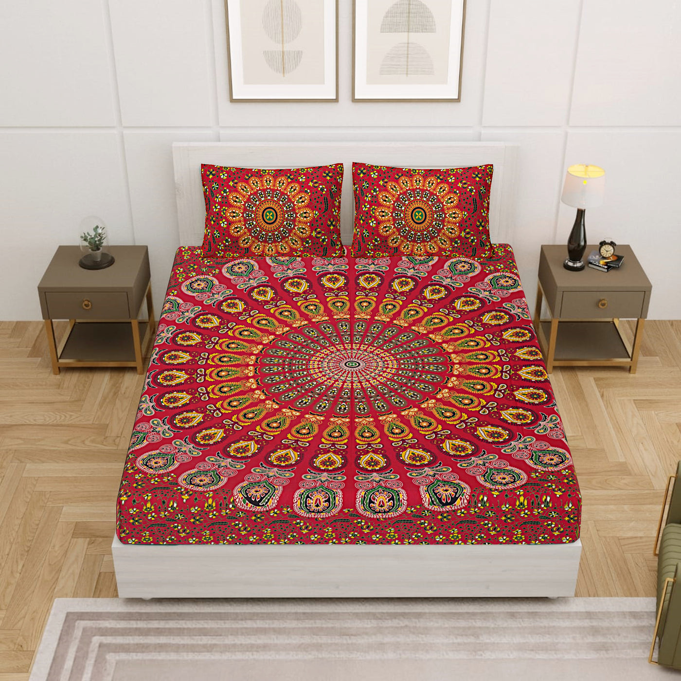 Red Cotton Mandala Bedsheet for Double Bed with 2 Pillow Covers