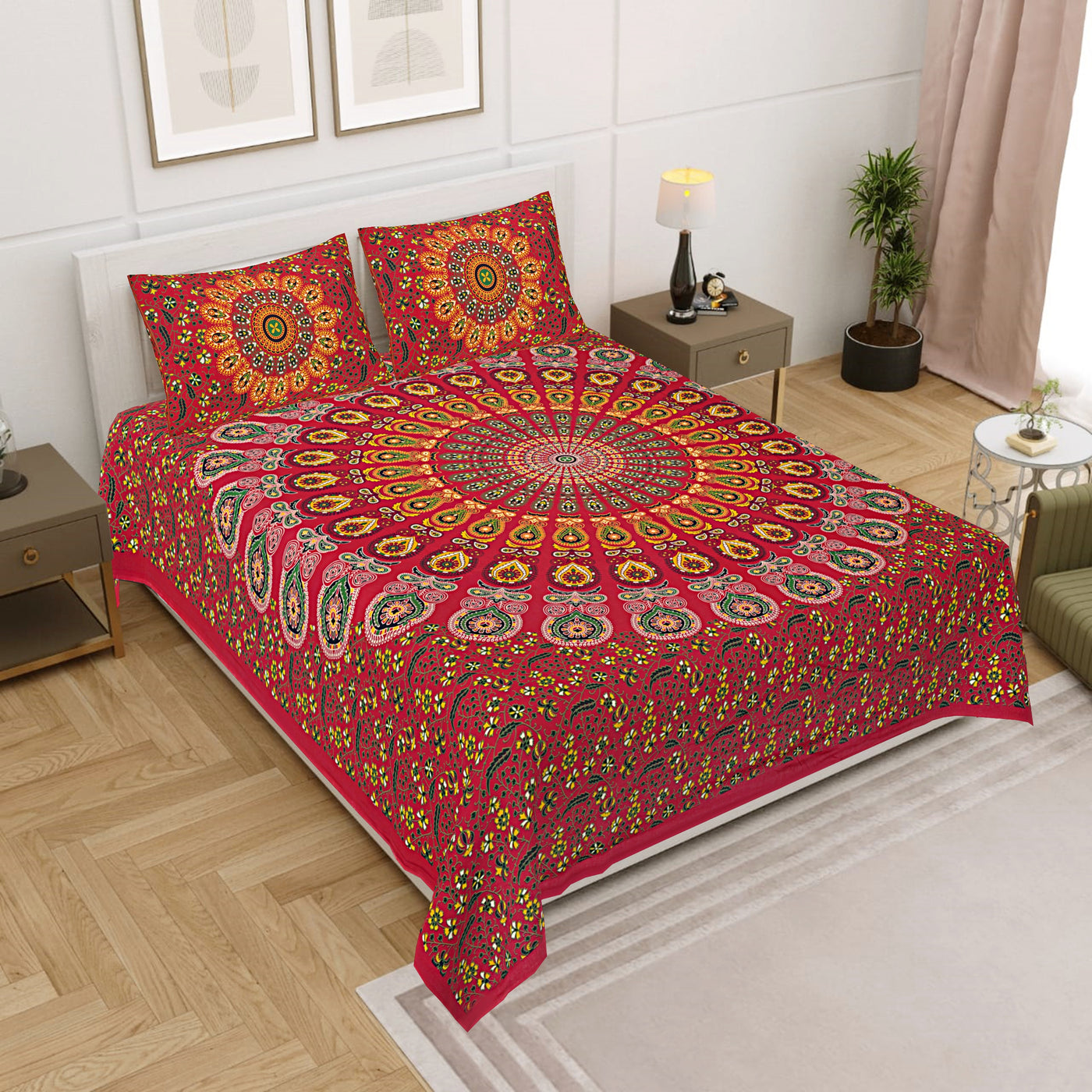 Red Cotton Mandala Bedsheet for Double Bed with 2 Pillow Covers