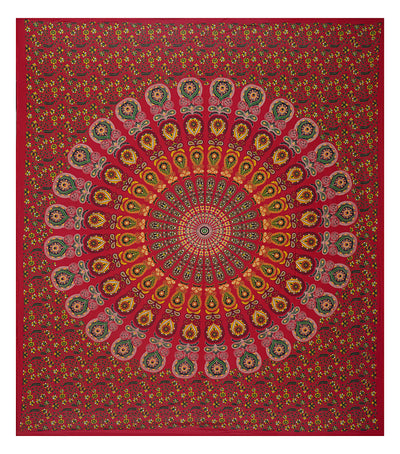 Red Cotton Mandala Bedsheet for Double Bed with 2 Pillow Covers