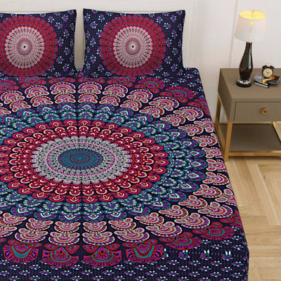 Purple Cotton Mandala Bedsheet for Double Bed with 2 Pillow Covers