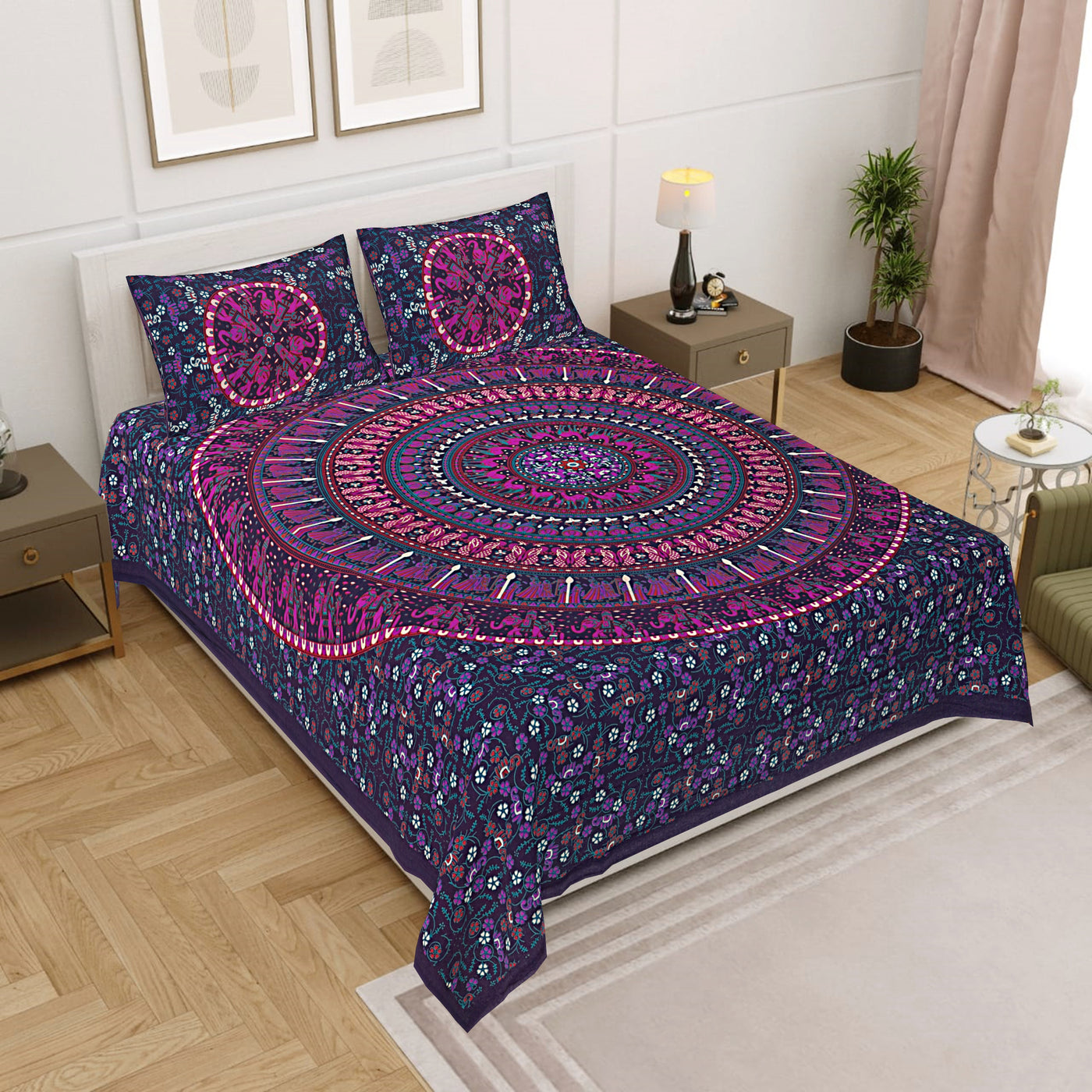 Purple Cotton Mandala Bedsheet for Double Bed with 2 Pillow Covers