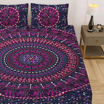 Purple Cotton Mandala Bedsheet for Double Bed with 2 Pillow Covers
