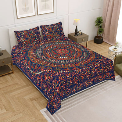 Multicolor Cotton Mandala Bedsheet for Double Bed with 2 Pillow Covers