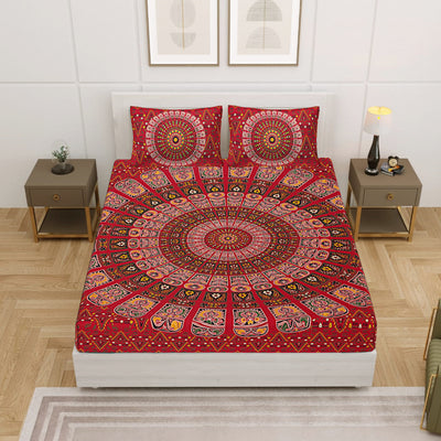 Red Cotton Mandala Bedsheet for Double Bed with 2 Pillow Covers