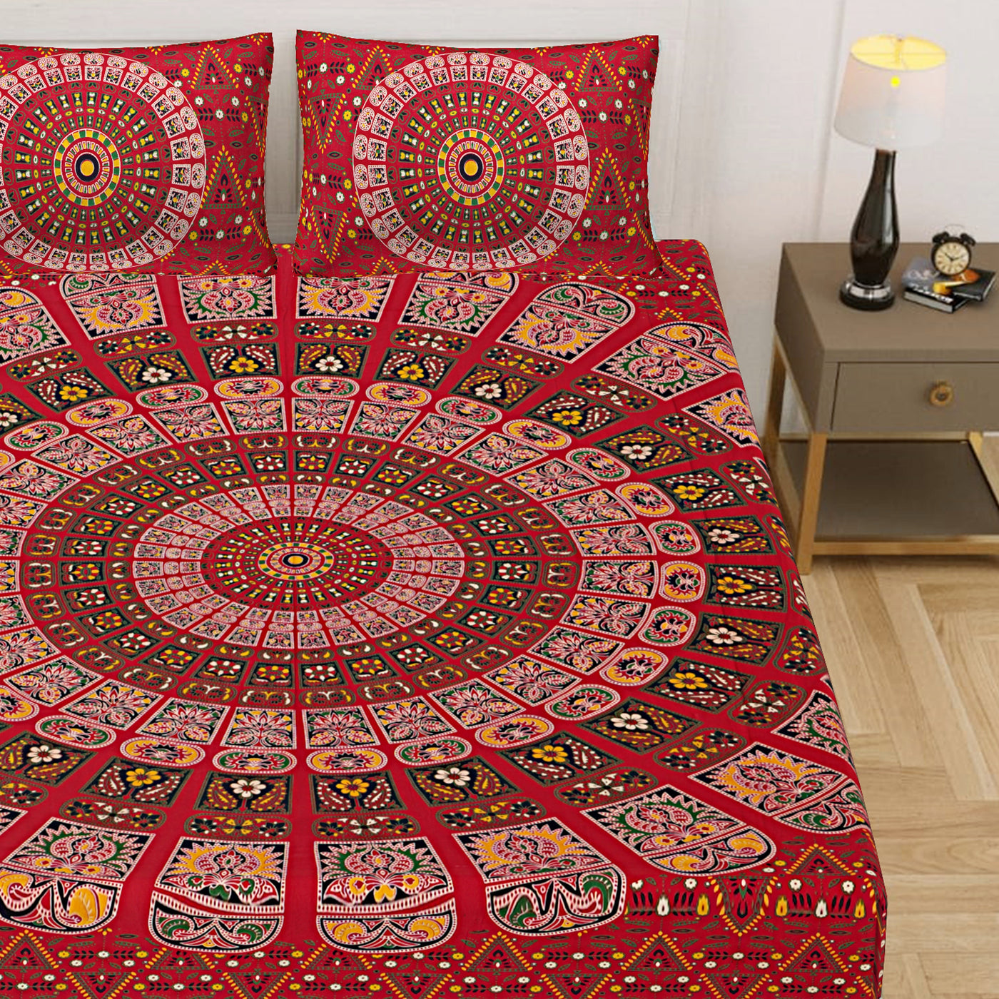 Red Cotton Mandala Bedsheet for Double Bed with 2 Pillow Covers