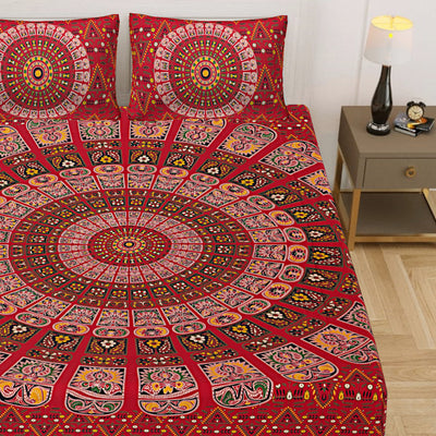 Red Cotton Mandala Bedsheet for Double Bed with 2 Pillow Covers