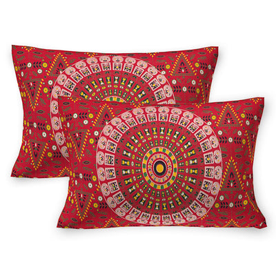 Red Cotton Mandala Bedsheet for Double Bed with 2 Pillow Covers