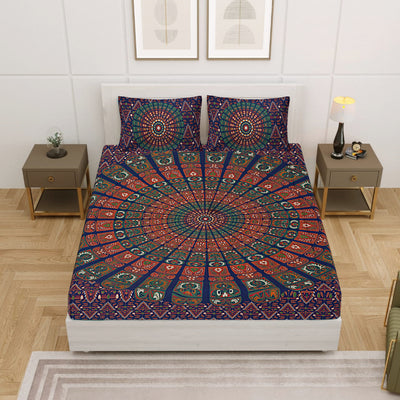 Multicolor Cotton Mandala Bedsheet for Double Bed with 2 Pillow Covers