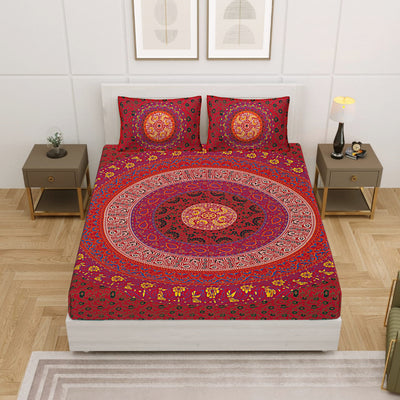 Red Cotton Mandala Bedsheet for Double Bed with 2 Pillow Covers