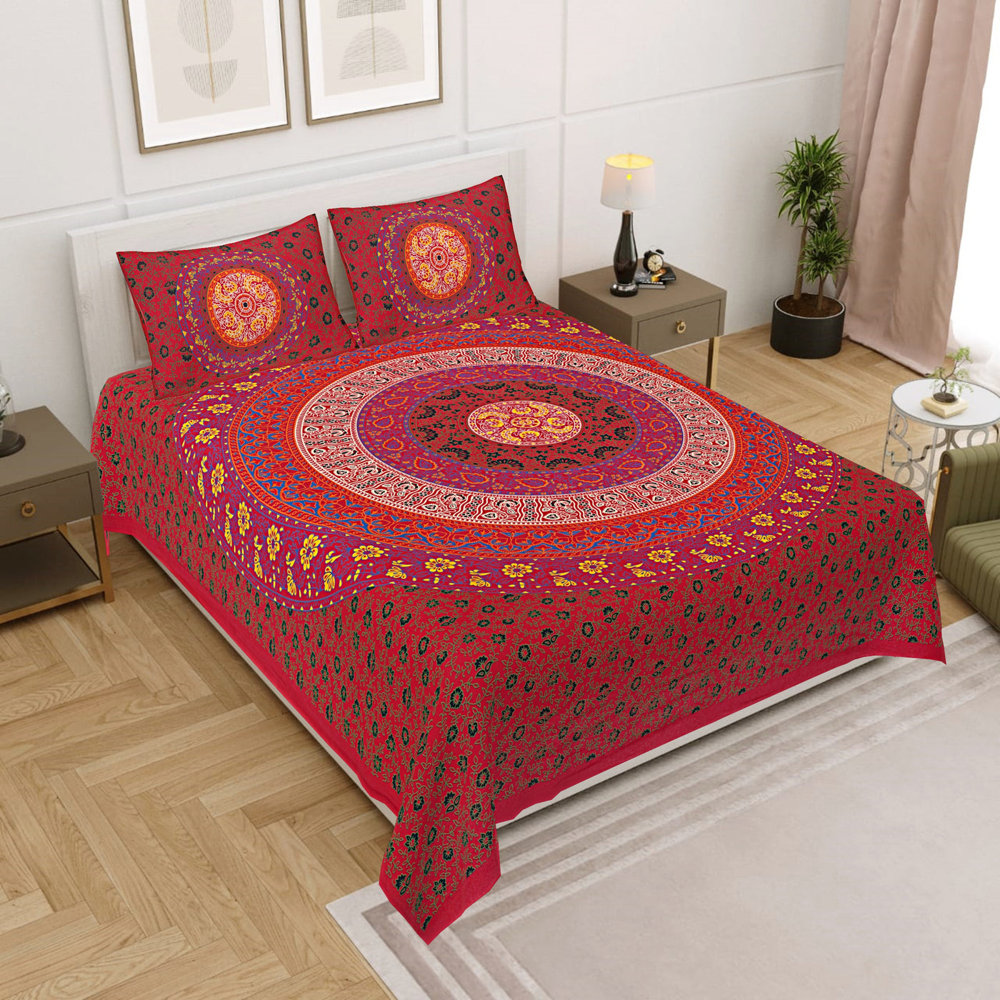 Red Cotton Mandala Bedsheet for Double Bed with 2 Pillow Covers
