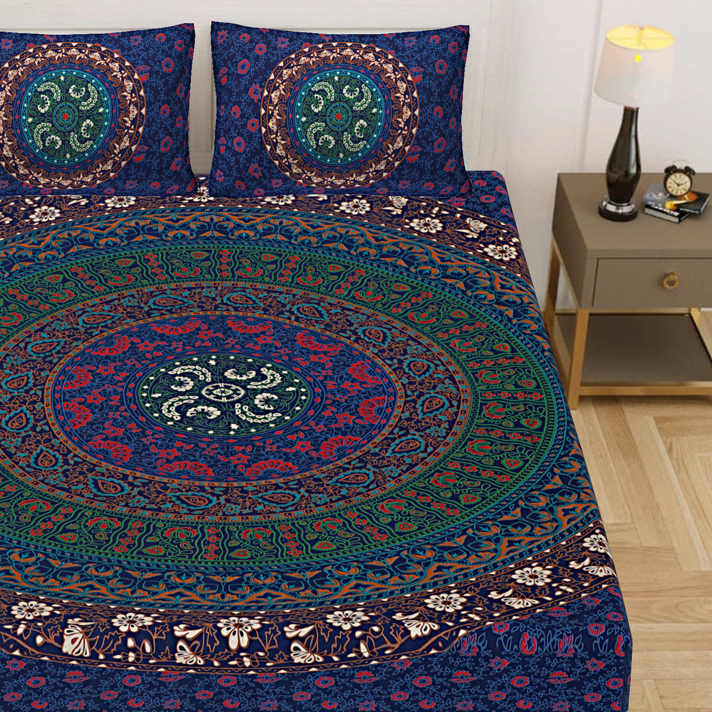 Multicolor Cotton Mandala Bedsheet for Double Bed with 2 Pillow Covers