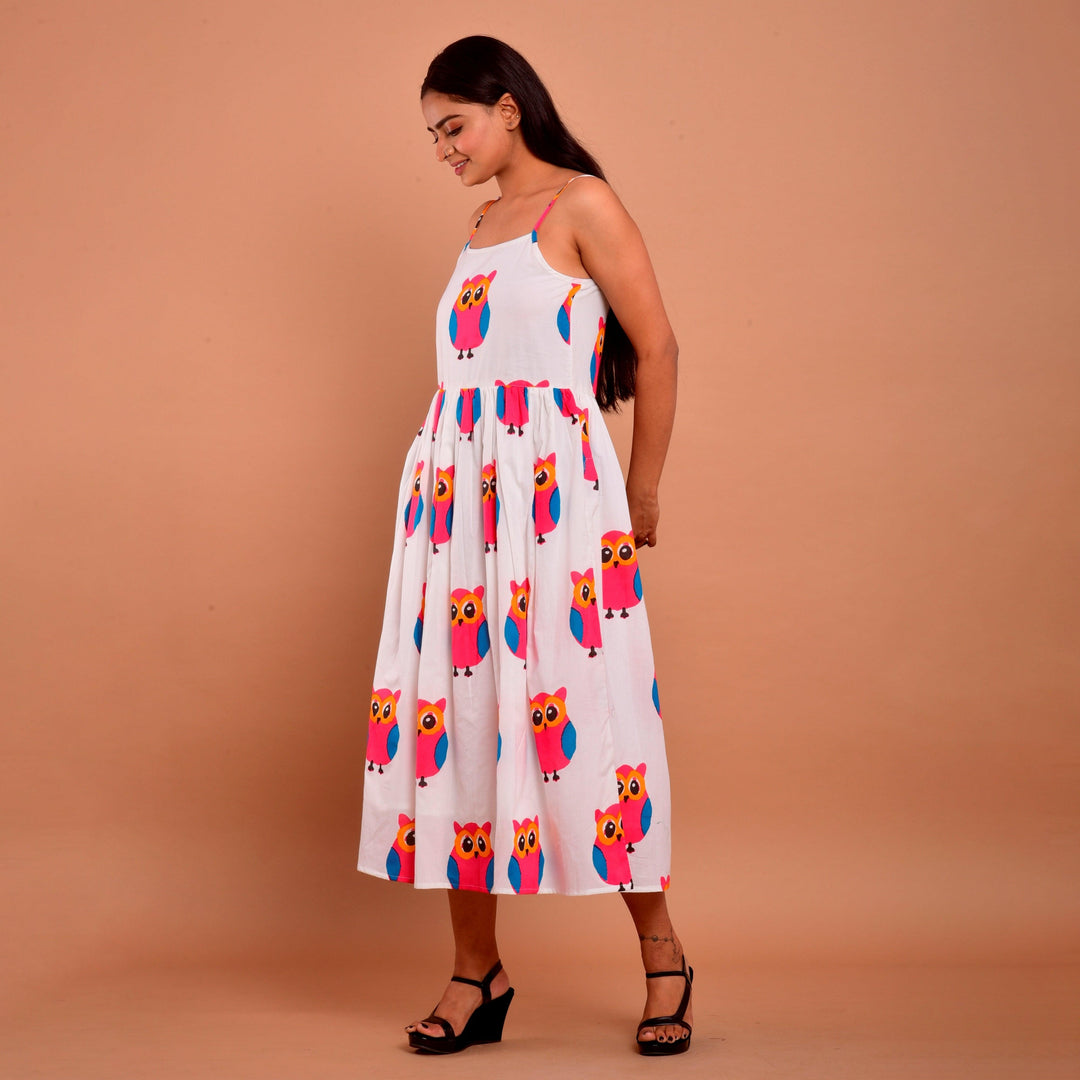 White Owl Print Hem Shoulder Straps Dress