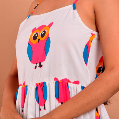 White Owl Print Hem Shoulder Straps Dress