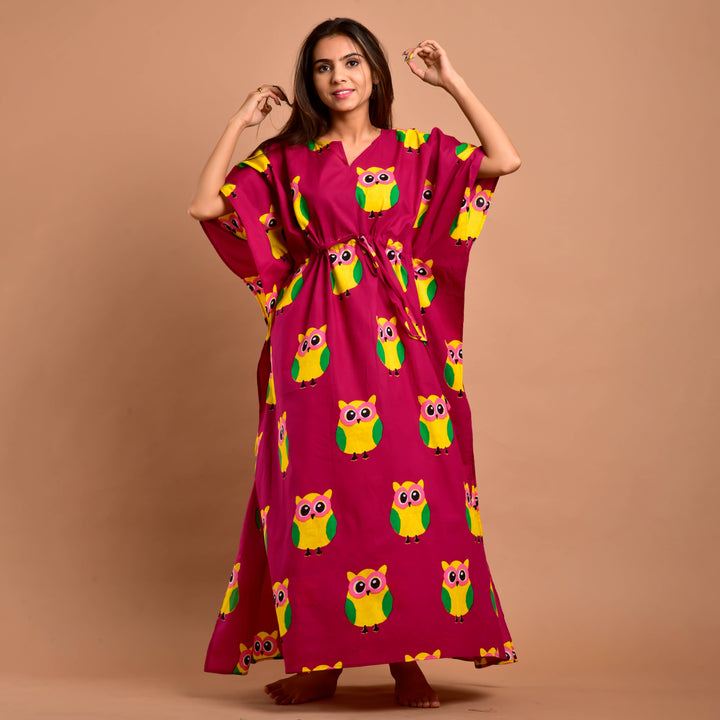 Magenta Owl Print Long Kaftan