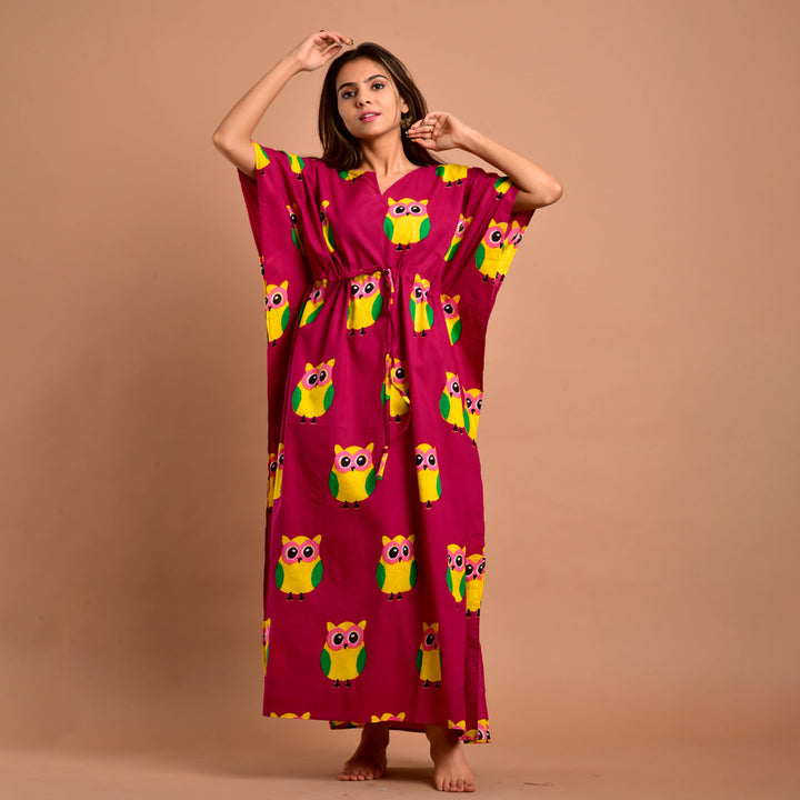 Magenta Owl Print Long Kaftan