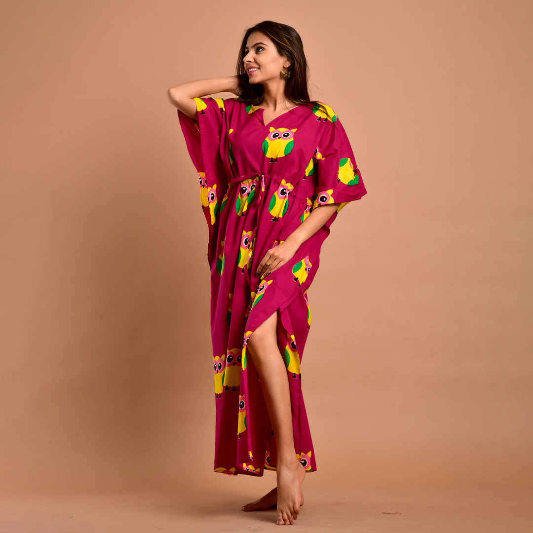 Magenta Owl Print Long Kaftan