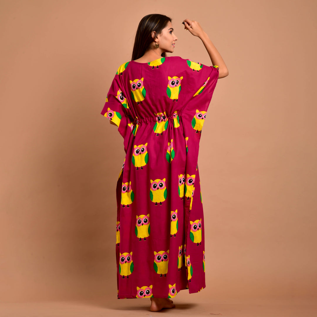 Magenta Owl Print Long Kaftan