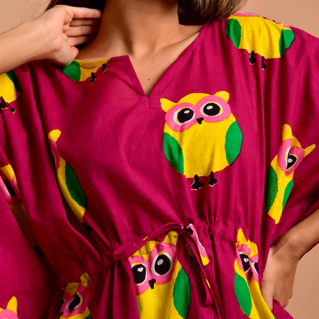 Magenta Owl Print Long Kaftan