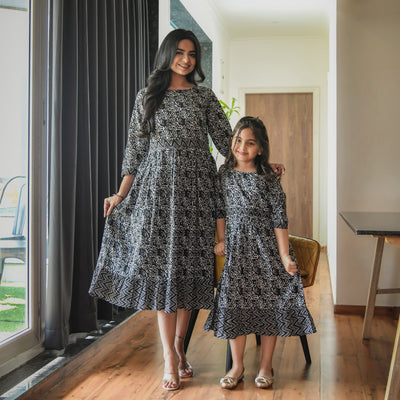 Black And White Abstract Mom and Daughter Cotton Dresses