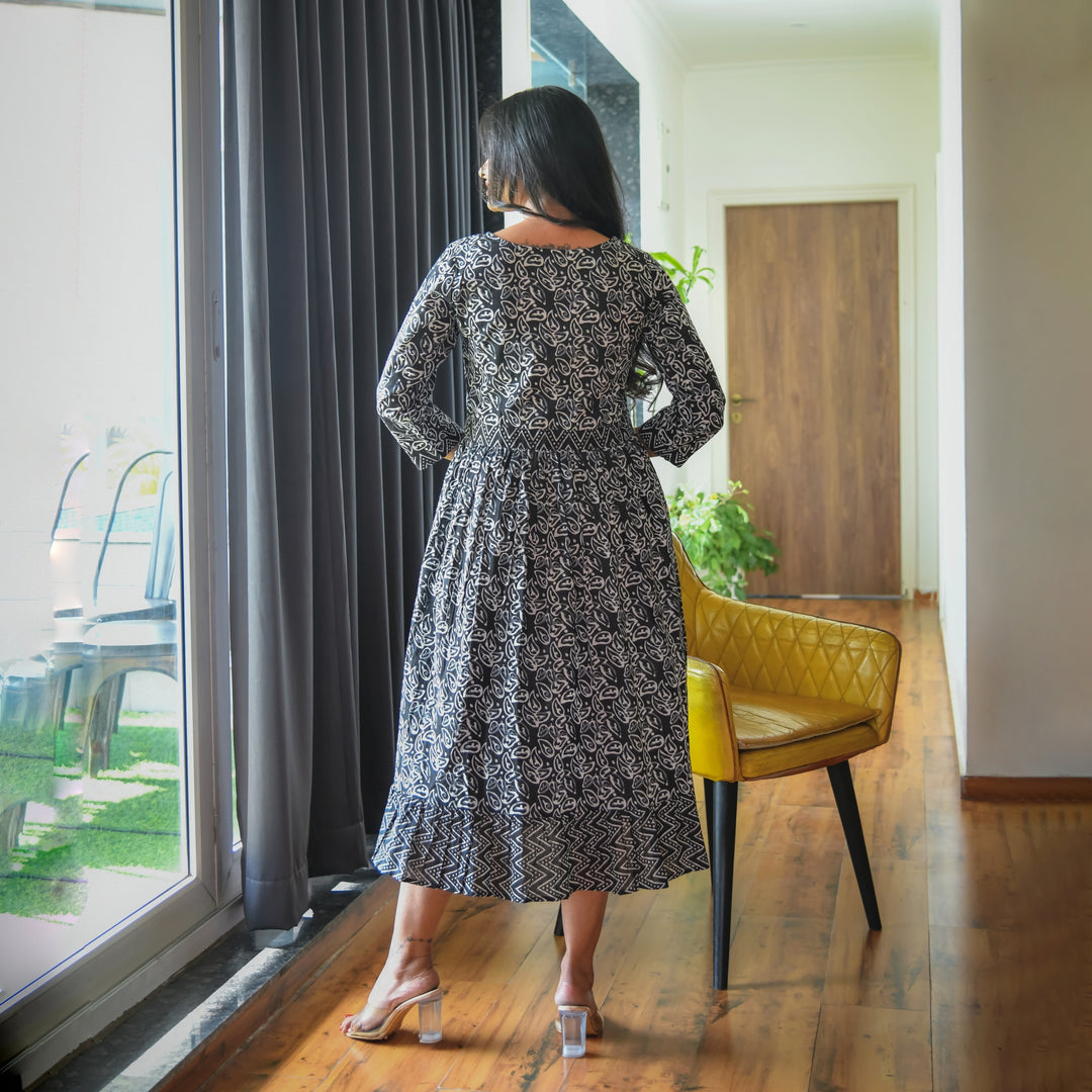 Black and White Abstract Cotton Midi Dress