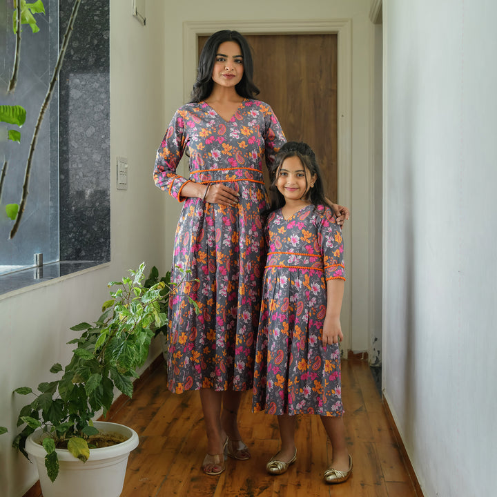 'Charcoal Garden' Mom and Daughter Cotton Dresses