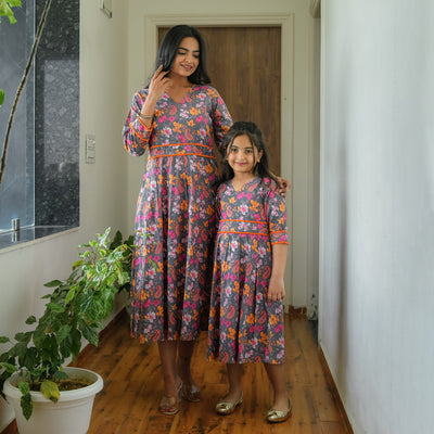 'Charcoal Garden' Mom and Daughter Cotton Dresses
