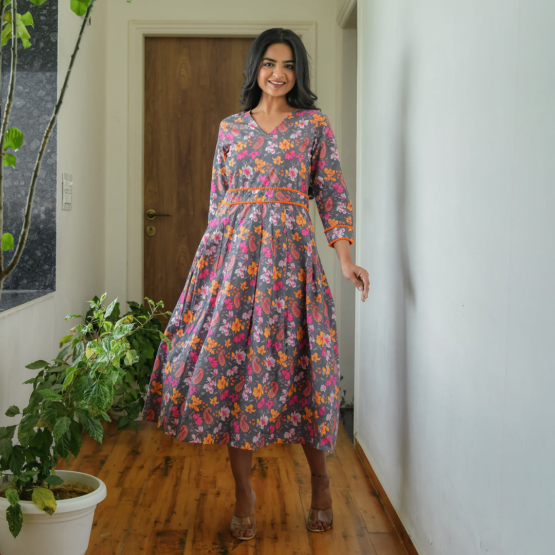 'Charcoal Garden' Cotton Midi Dress