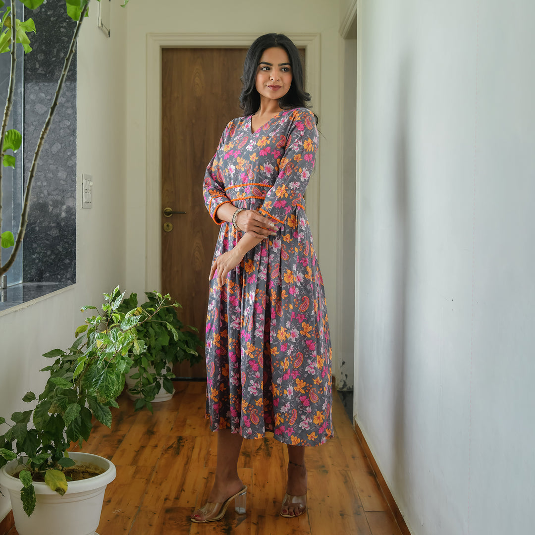 'Charcoal Garden' Cotton Midi Dress