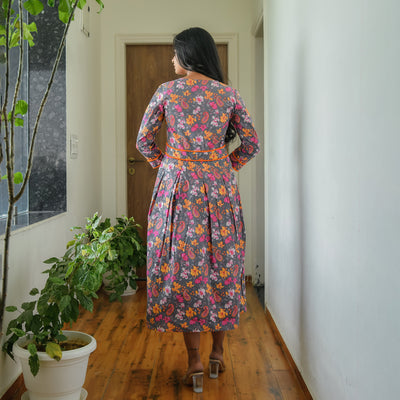 'Charcoal Garden' Cotton Midi Dress