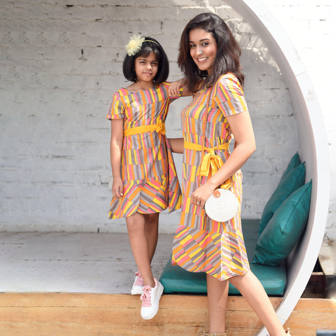 Yellow Ornate Mom and Daughter Dress