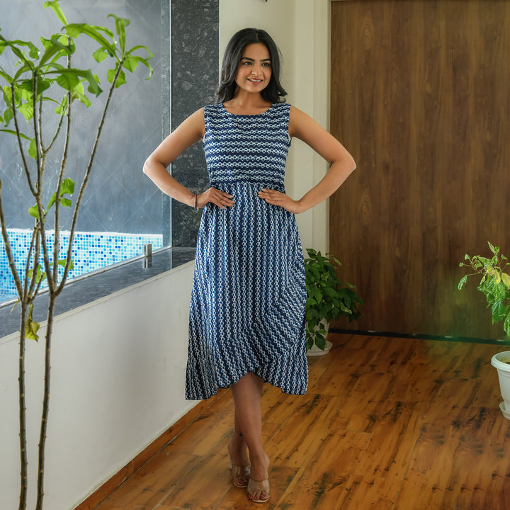 Indigo Blue Zigzag Frill Cotton Dress