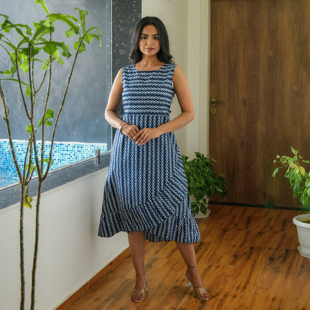 Indigo Blue Zigzag Frill Cotton Dress