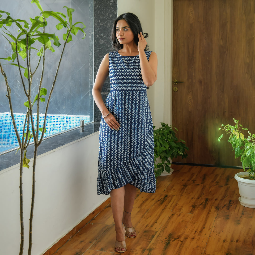 Indigo Blue Zigzag Frill Cotton Dress