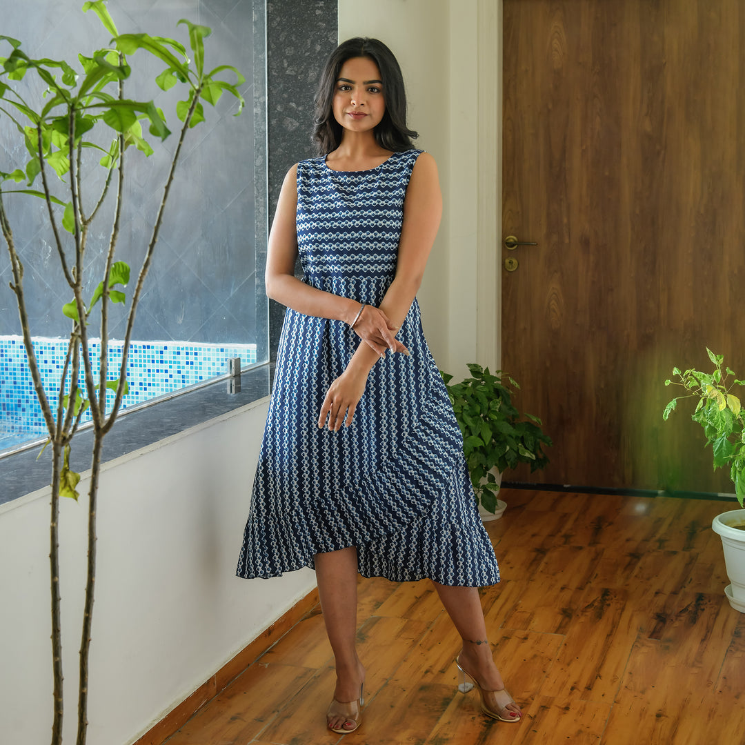 Indigo Blue Zigzag Frill Cotton Dress